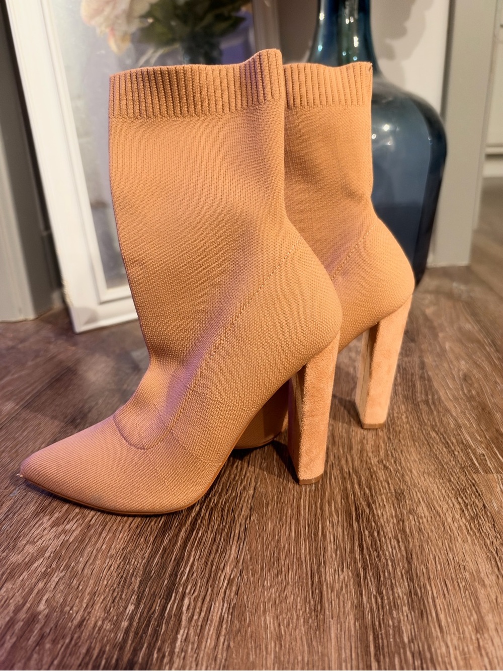 Liliana Caramel Nude Knit Sock Booties Pointed Toe Block Heel